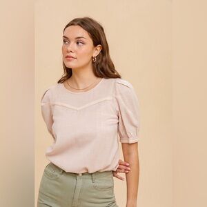 Puff Sleeve Trim Detail Blouse|Sand